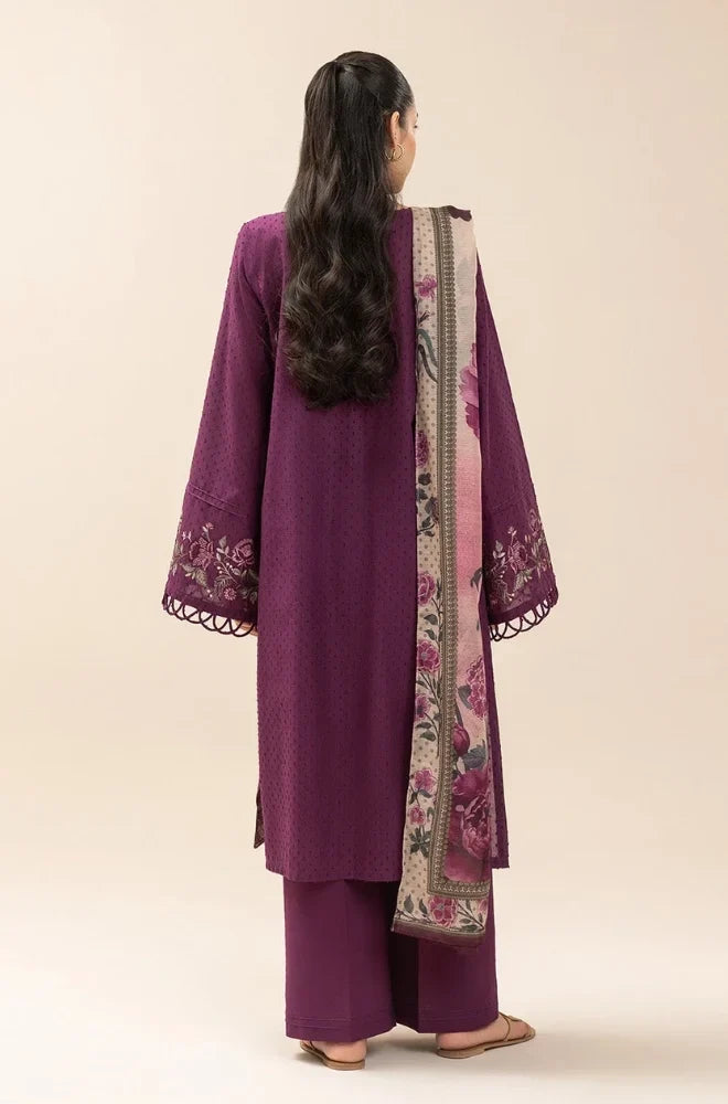 3 Piece Unstitched Fully Embroidered Dhanak Dress With Printed Blended Shawl