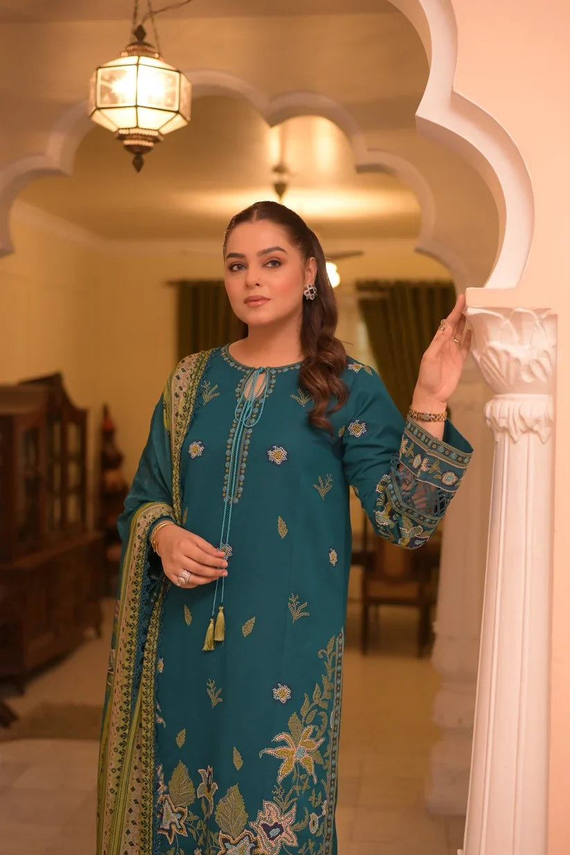 Unstitched 3 Piece Fully Embroidered Dhanak Suit With Printed Blended Shawl