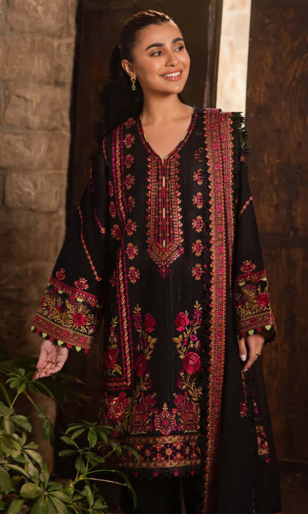 3 Piece Unstitched Heavy Embroidered Dhanak Suit with Heavy Embroidered Dhanak Wool Shawl - Motif
