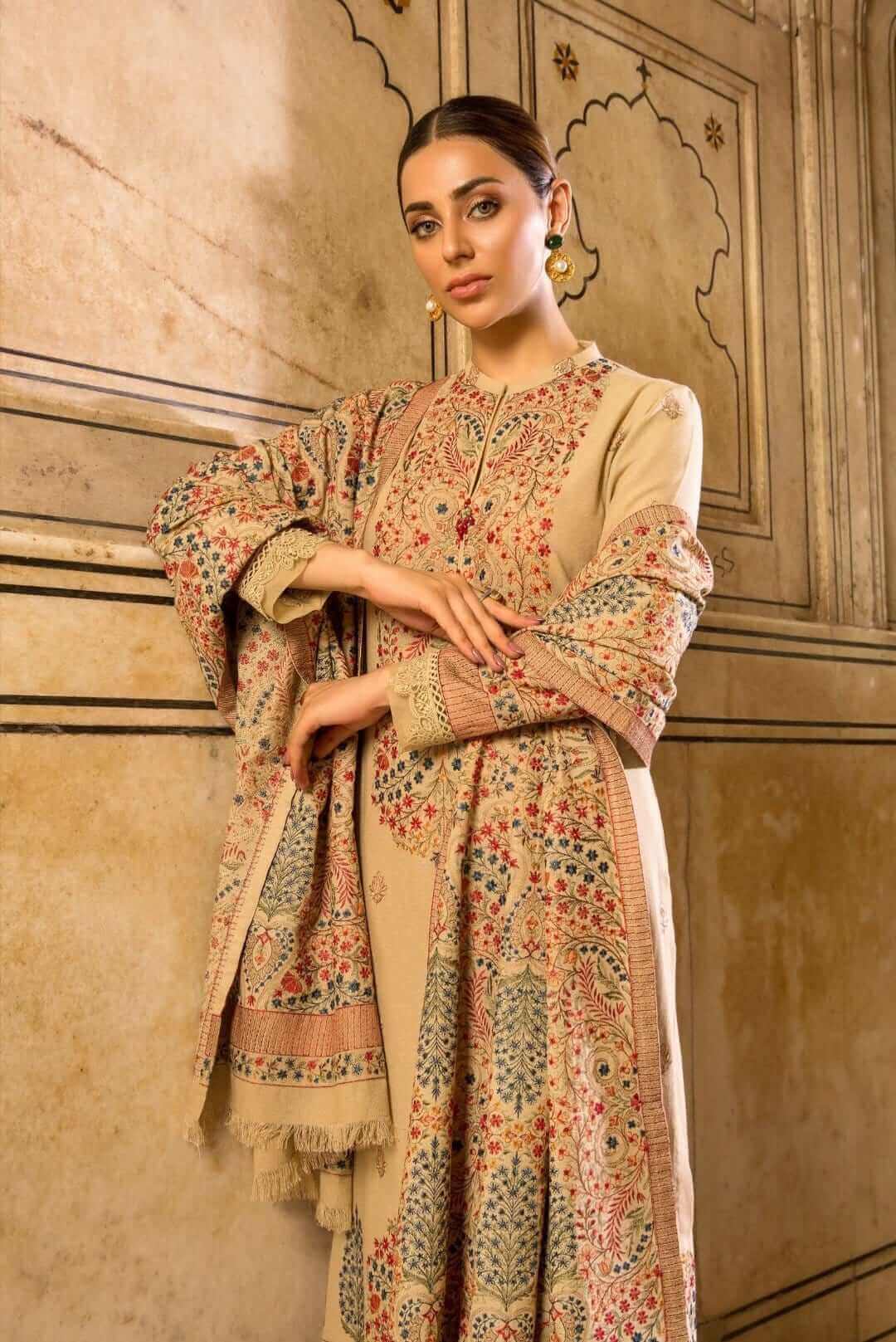 3 Piece Unstitched Heavy Embroidered Dhanak Suit (Fully Embroidered Dhanak Shawl) - Motif