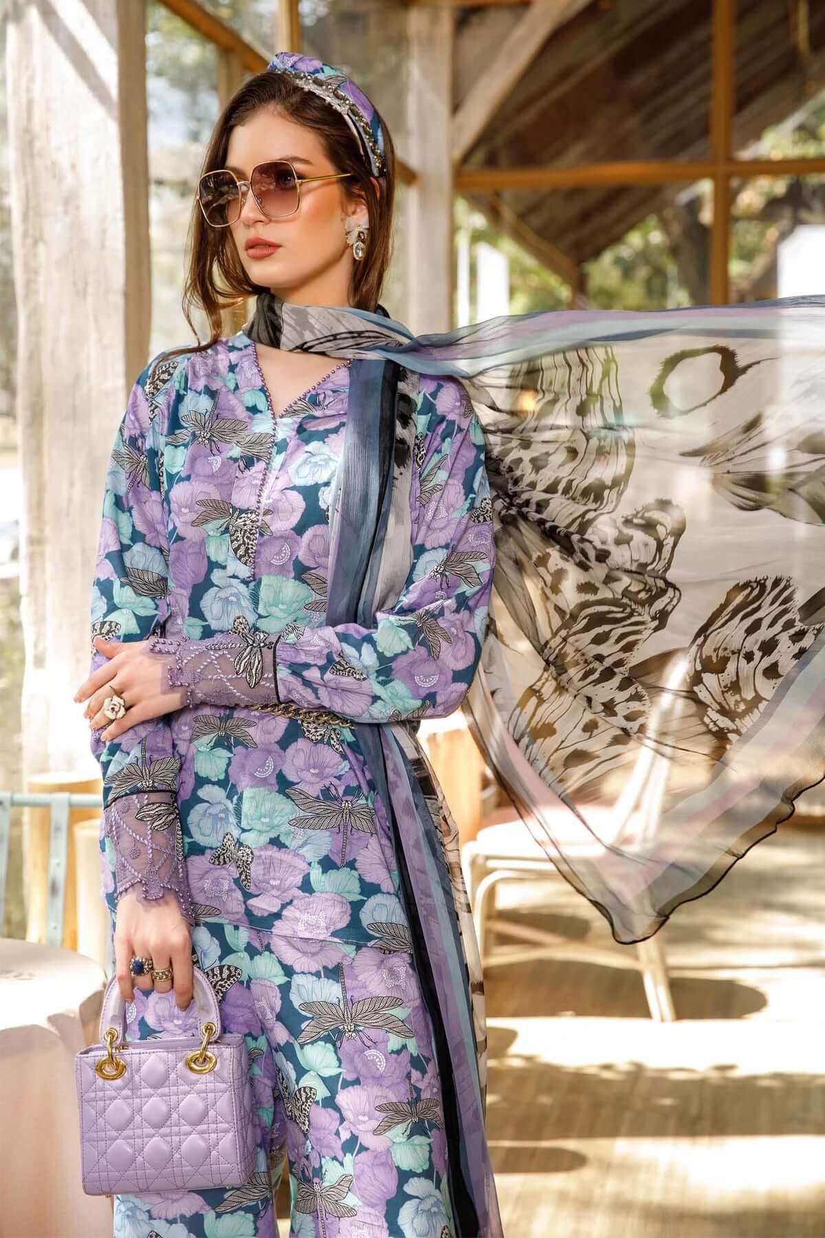 3 Piece Unstitched Embroidered Lawn Suit ( Digital Printed Bamber Chiffon Dupatta ) - Motif