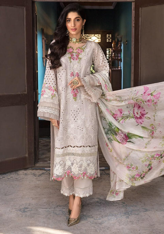 3 Piece Unstitched Heavy Embroidered Chickan Kari Lawn Suit ( Printed Silk Dupatta ) - Motif