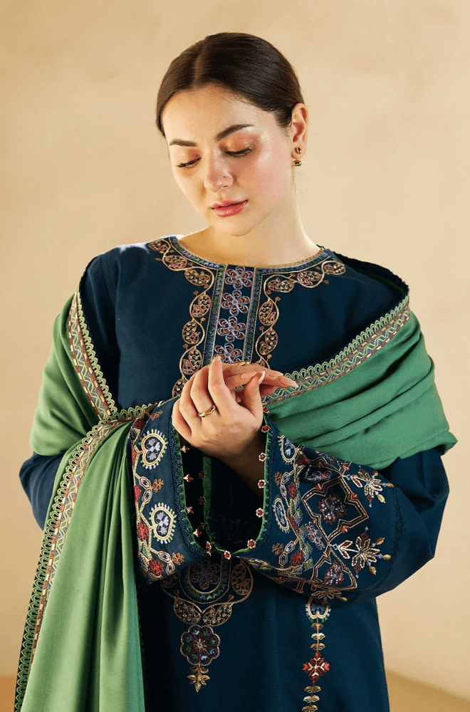 3 Piece Unstitched Heavy Embroidered Dhanak Suit ( Dhanak Printed Wool Shawl ) - Motif