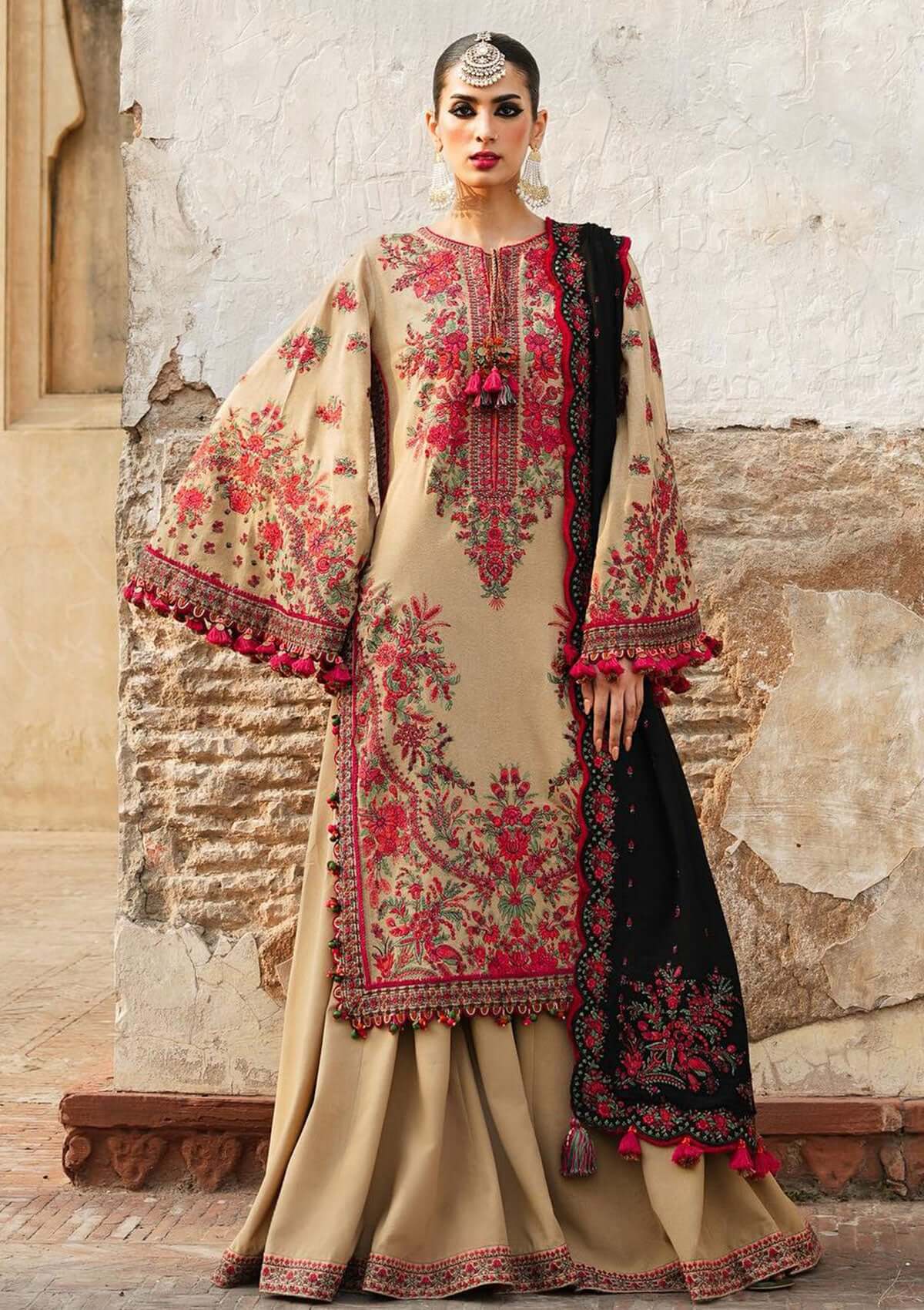 3 Piece Unstitched Heavy Embroidered Dhanak Wool Suit ( Four Sided Embroidered Dhanak Shawl ) - Motif