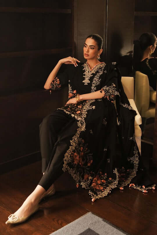 3 Piece Unstitched Heavy Embroidered Dhanak Wool Suit ( Four Sided Embroidered Dhanak Shawl ) - Motif