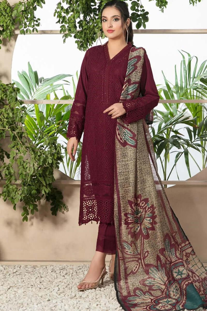 3 Piece Unstitched Heavy Embroidered Lawn Suit ( Fine Printed Monaar Zari Dupatta ) - Motif