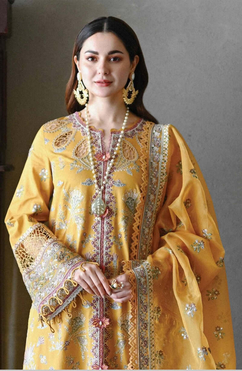 Unstitched 3 Piece Fully Embroidered Lawn Suit With Four Sided Embroidered Organza Dupatta