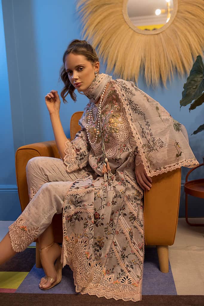 3 Piece Unstitched Embroidered Lawn Suit ( Fine Printed Silk Dupatta ) - Motif