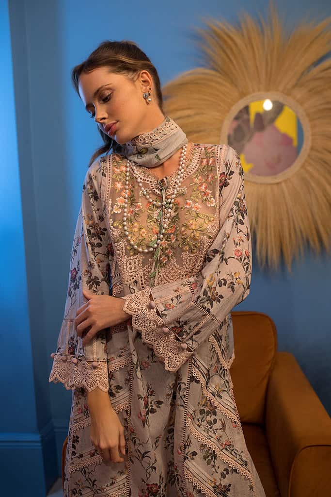 3 Piece Unstitched Embroidered Lawn Suit ( Fine Printed Silk Dupatta ) - Motif