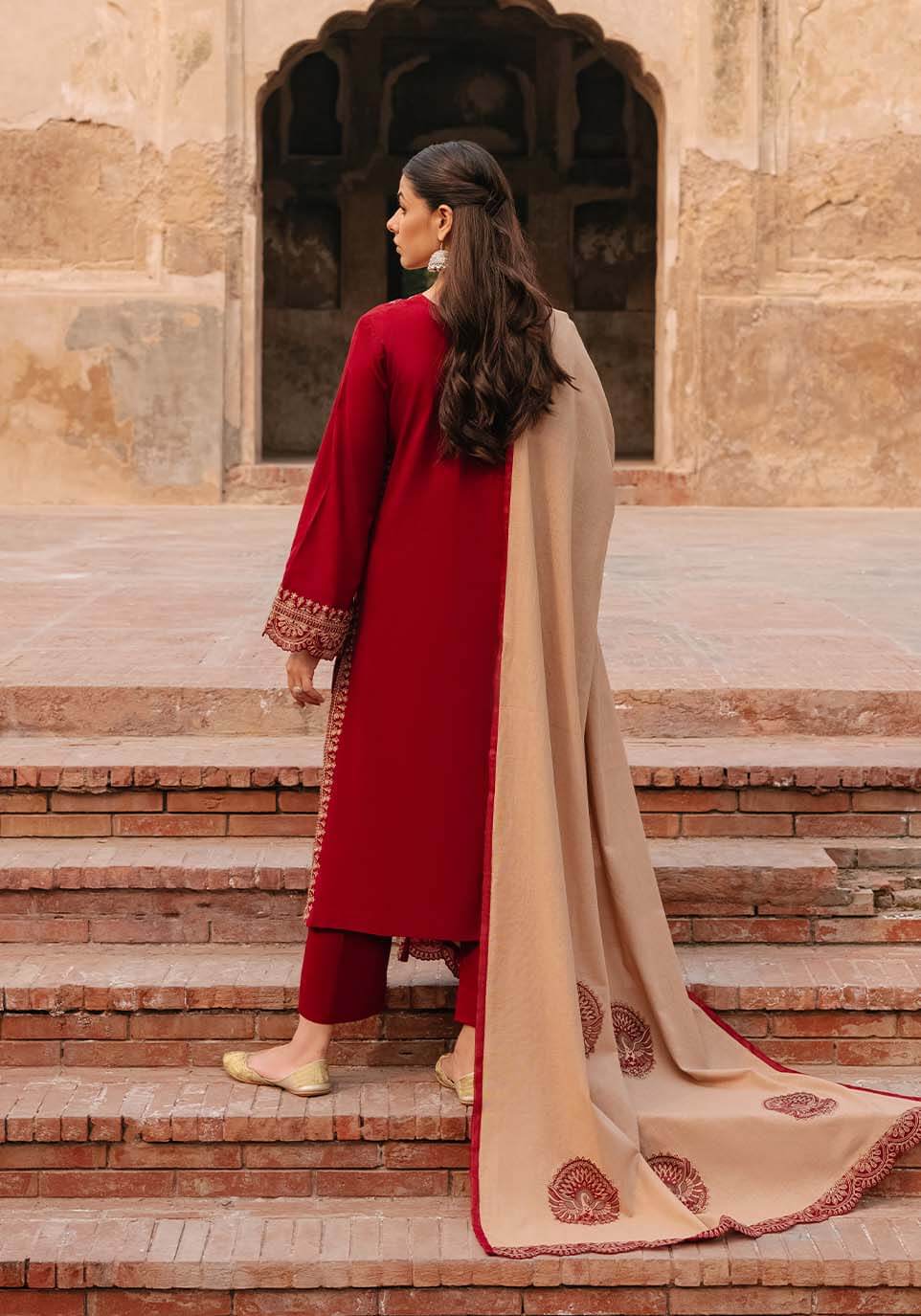 3 Piece Unstitched Heavy Embroidered Dhanak Suit with Embroidered Dhanak Wool Shawl - Motif