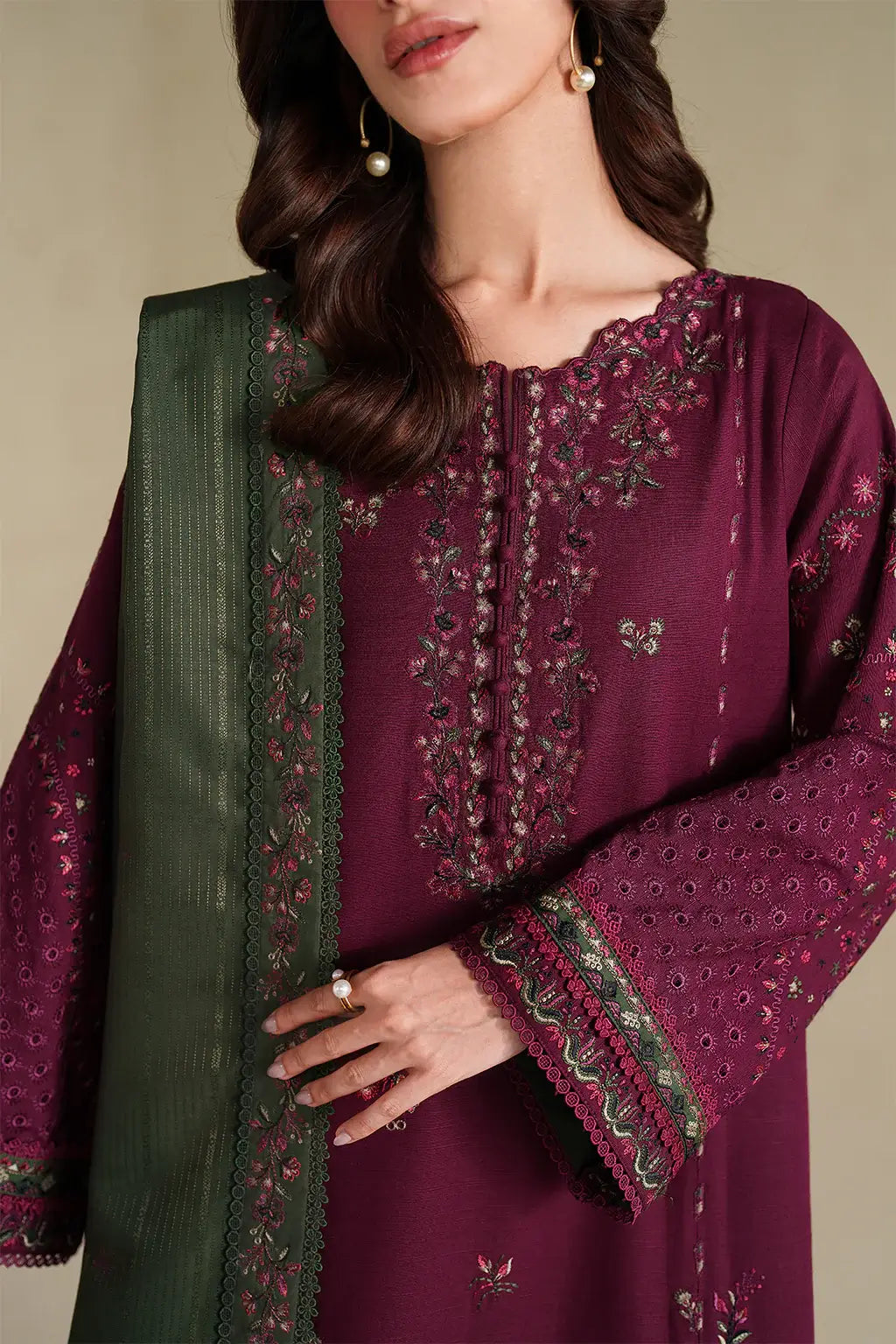 IZ-2705 3 Piece Unstitched Embroidered Dhanak Fabric With Four-sided Embroidered Shawl