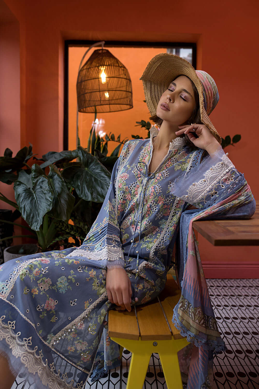 3 Piece Unstitched Embroidered Lawn Suit ( Fine Printed Silk Dupatta ) - Motif