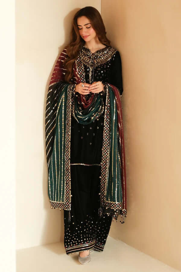 Unstitched Embroidered Velvet Suit 3 PEC with Embroidered Chiffon Dupatta