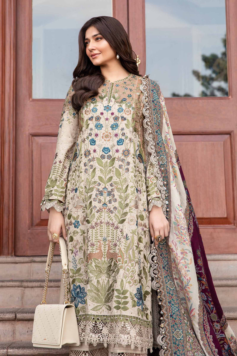 Unstitched 3 Piece Fully Embroidered Dhanak Suit with Printed Woolen Shawl