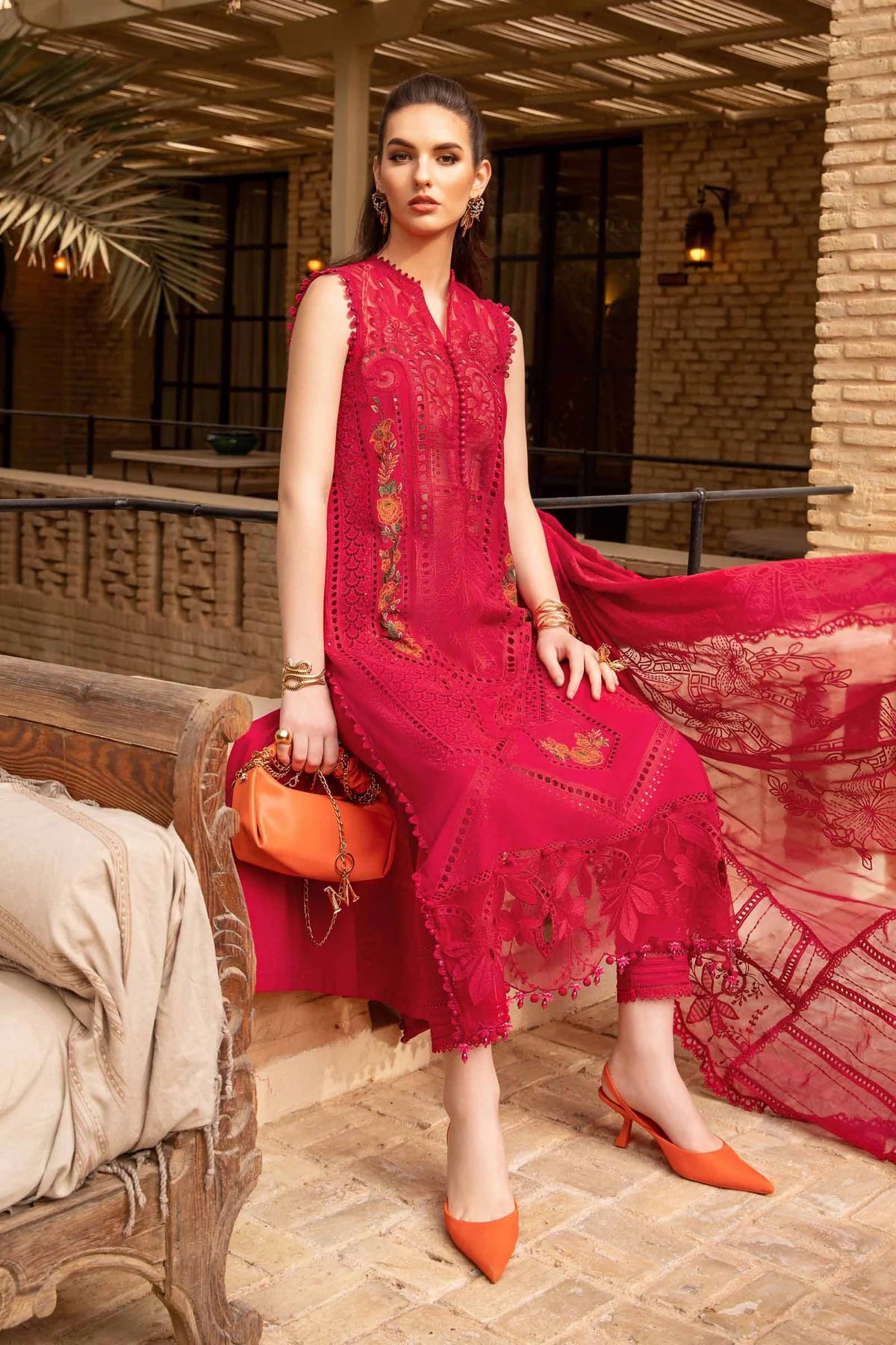 Unstitched 3 Piece chicken kari Lawn Suit with Embroidered Organza Dupatta