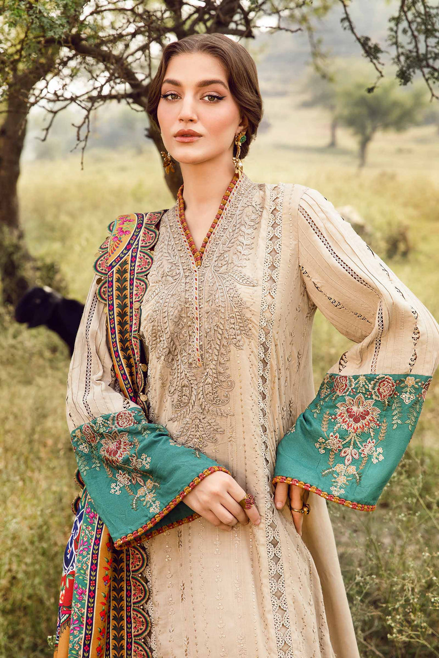 Unstitched 3 Piece Fully Embroidered Lawn Suit With Printed Monar Dupatta