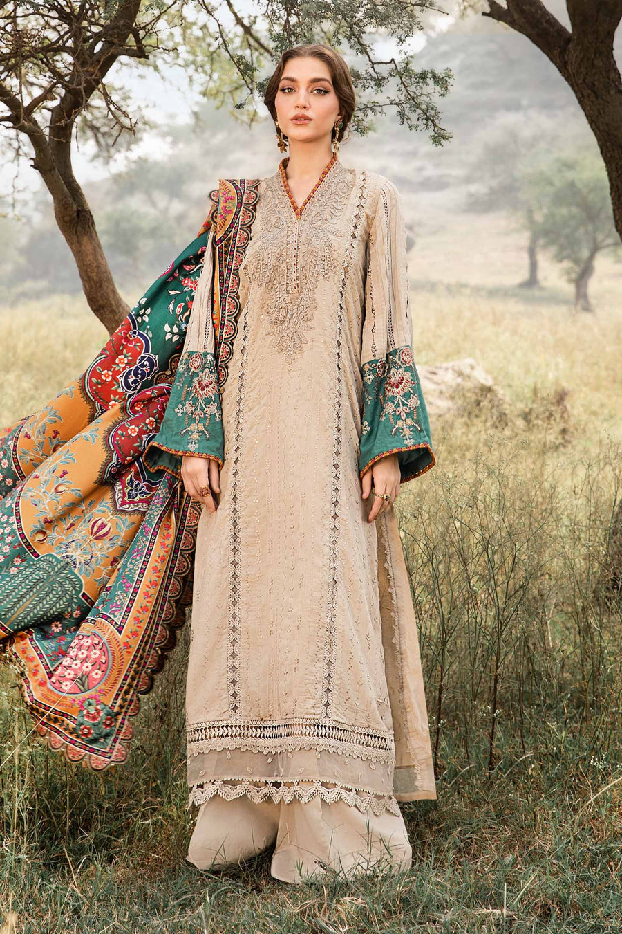 Unstitched 3 Piece Fully Embroidered Lawn Suit With Printed Monar Dupatta