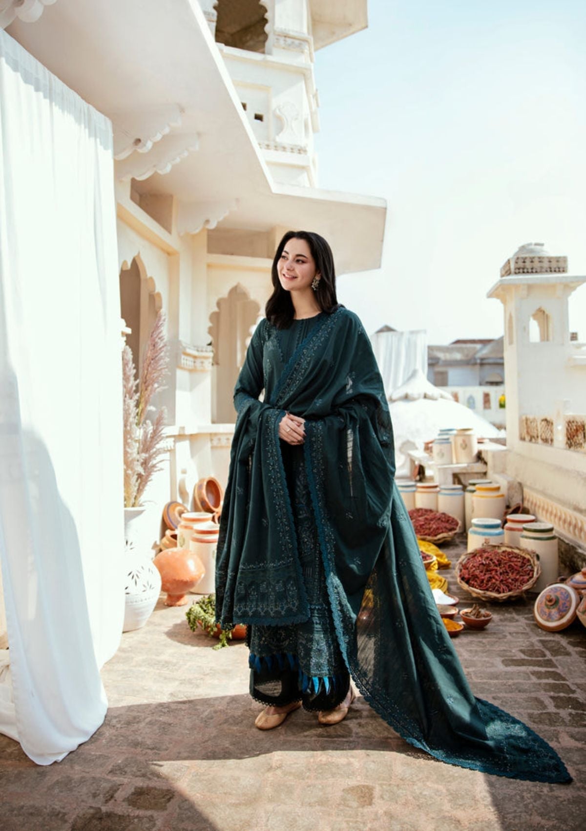 Unstitched 3 Piece Fully Embroidered Dhanak Suit with Embroidered Dhanak Shawl