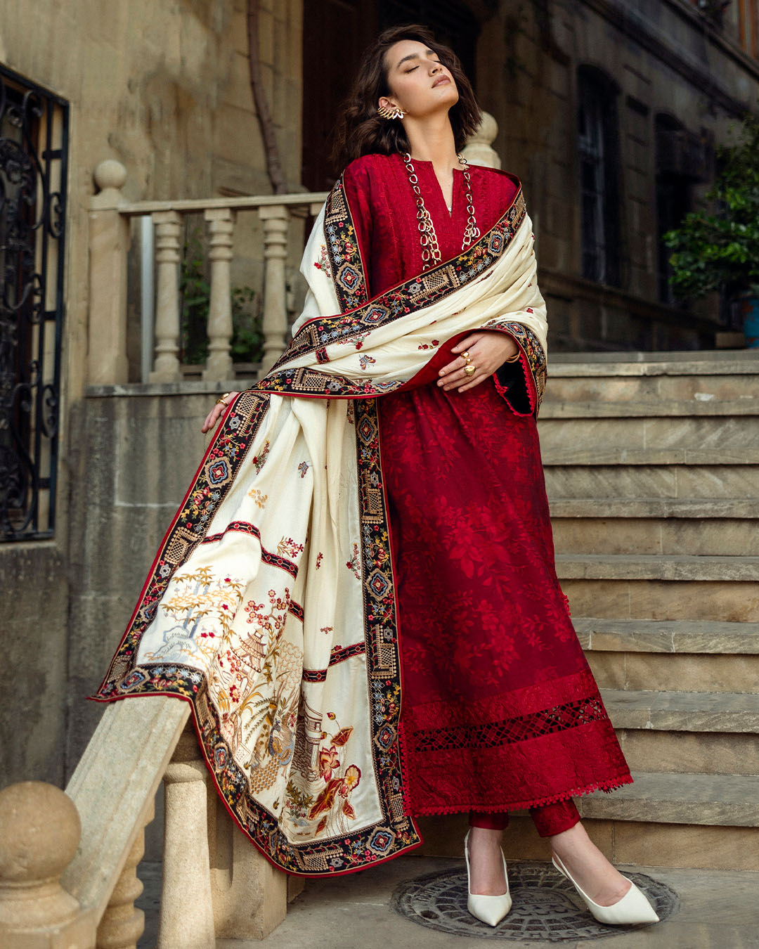 Unstitched 3 Piece Fully Embroidered Dhanak Suit with Printed Woolen Shawl