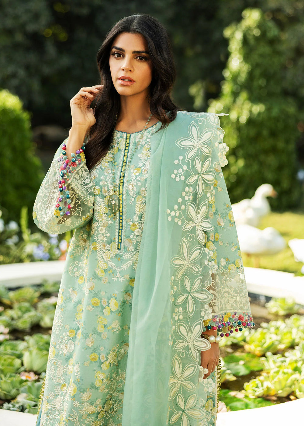 Unstitched 3 Piece Digital Printed Embroidered Lawn Suit With Embroidered Organza Dupatta