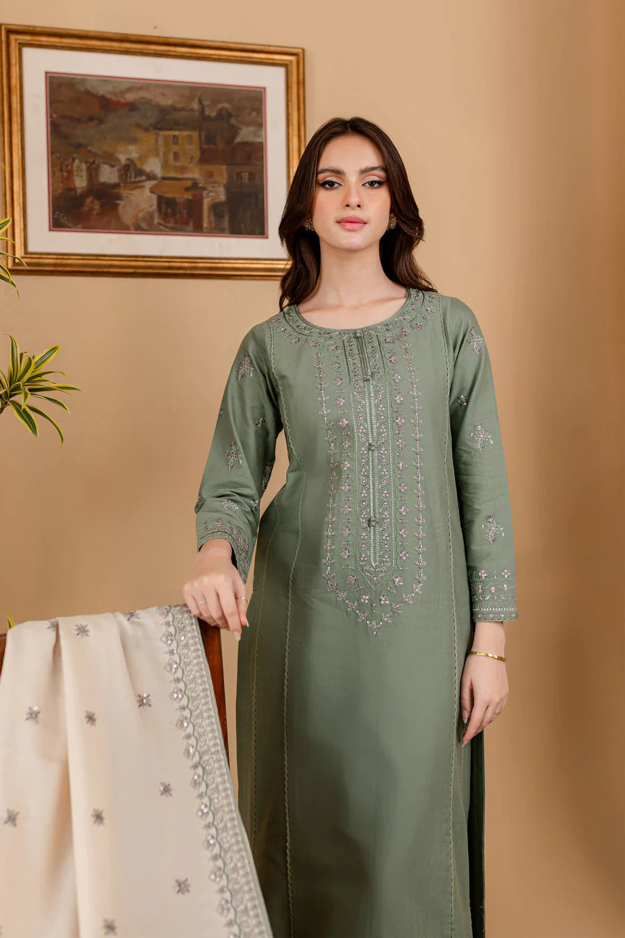 Unstitched 3 Piece Fully Embroidered Dhanak Suit with Embroidered Dupatta