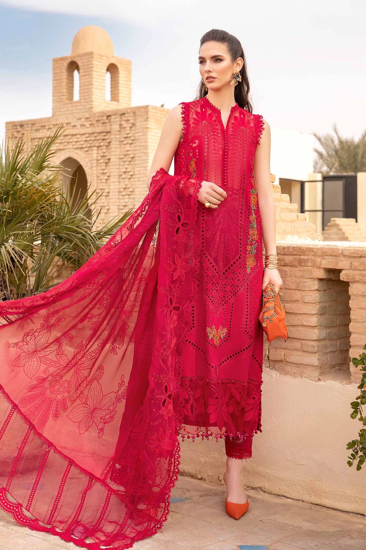 Unstitched 3 Piece chicken kari Lawn Suit with Embroidered Organza Dupatta