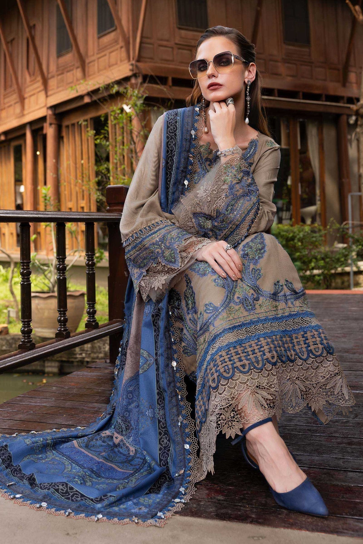 MB 3050 - 3 Piece Unstitched Heavy Embroidered Dhanak Fabric With Printed Wool Shawl
