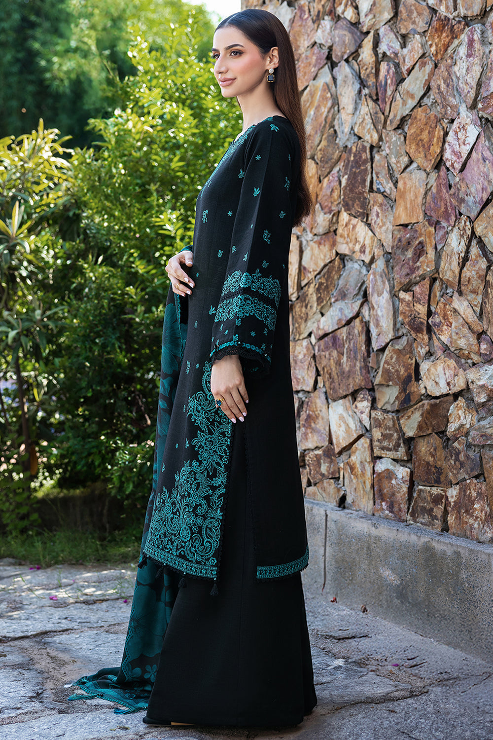 Unstitched 3 Piece Fully Embroidered Dhanak Suit with Printed Dhanak Shawl