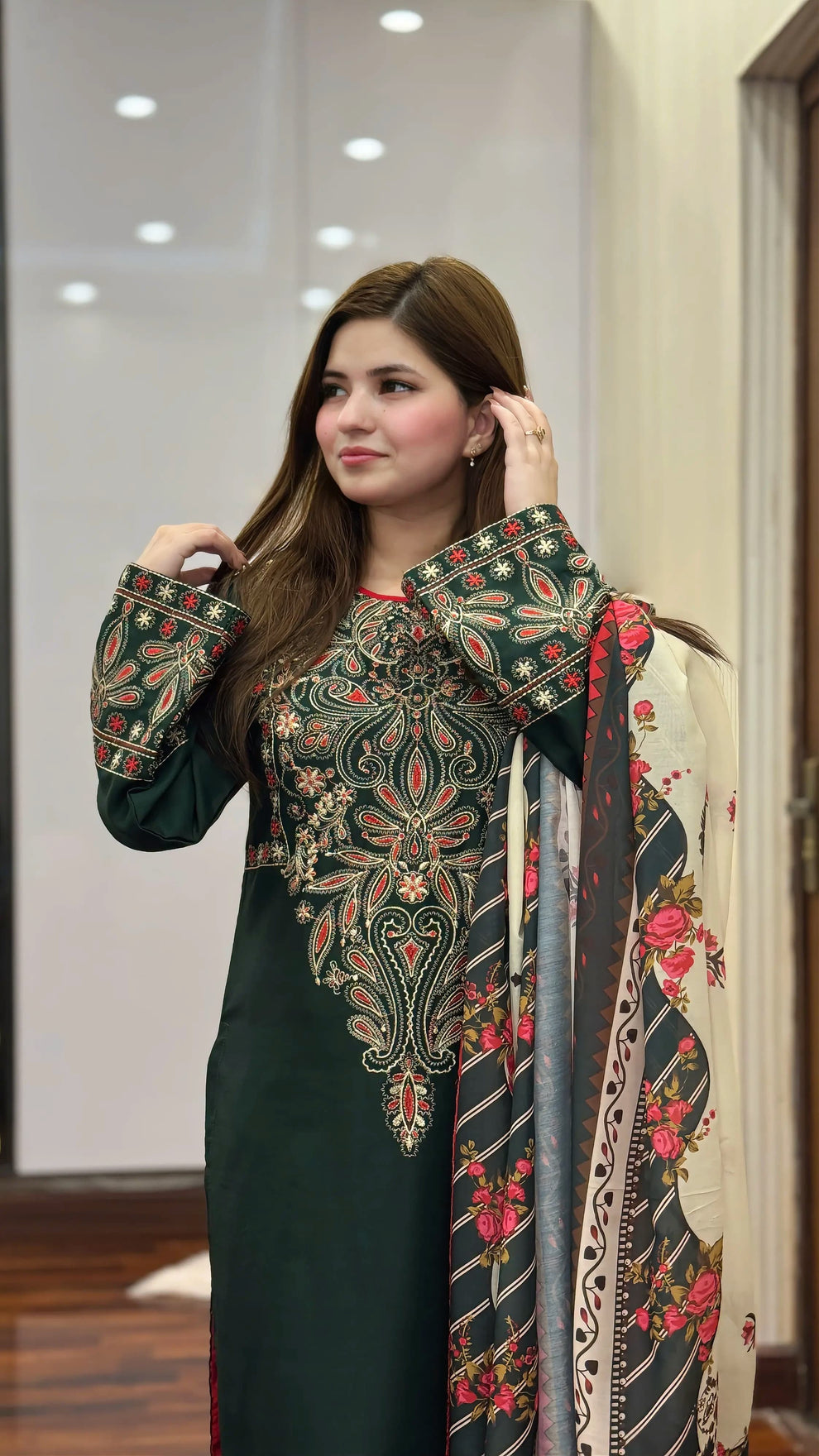 Unstitched 3 Piece Fully Embroidered Dhanak Fabric With Printed Blended Shawl
