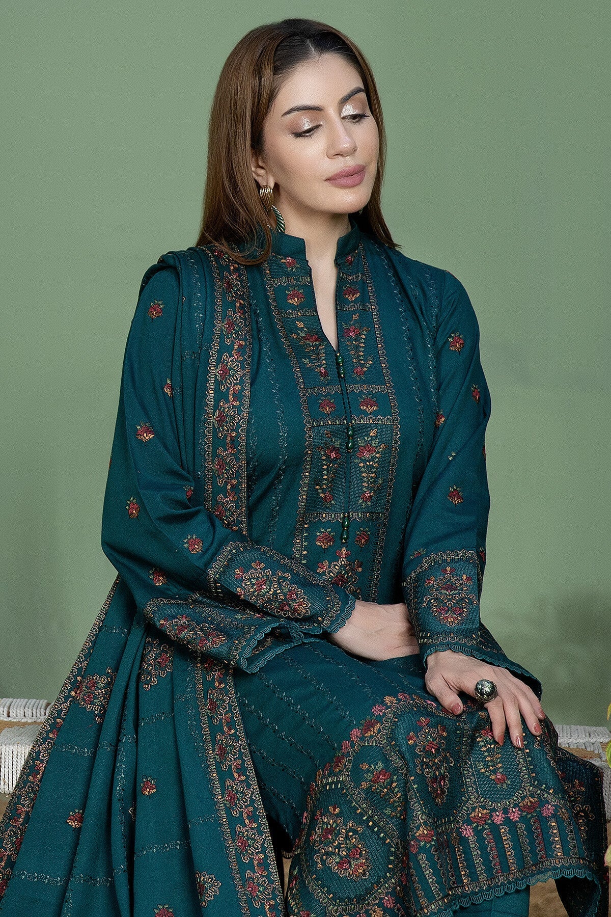 Unstitched 3 Piece Fully Embroidered Dhanak Suit with Embroidered Dhanak Wool Shawl