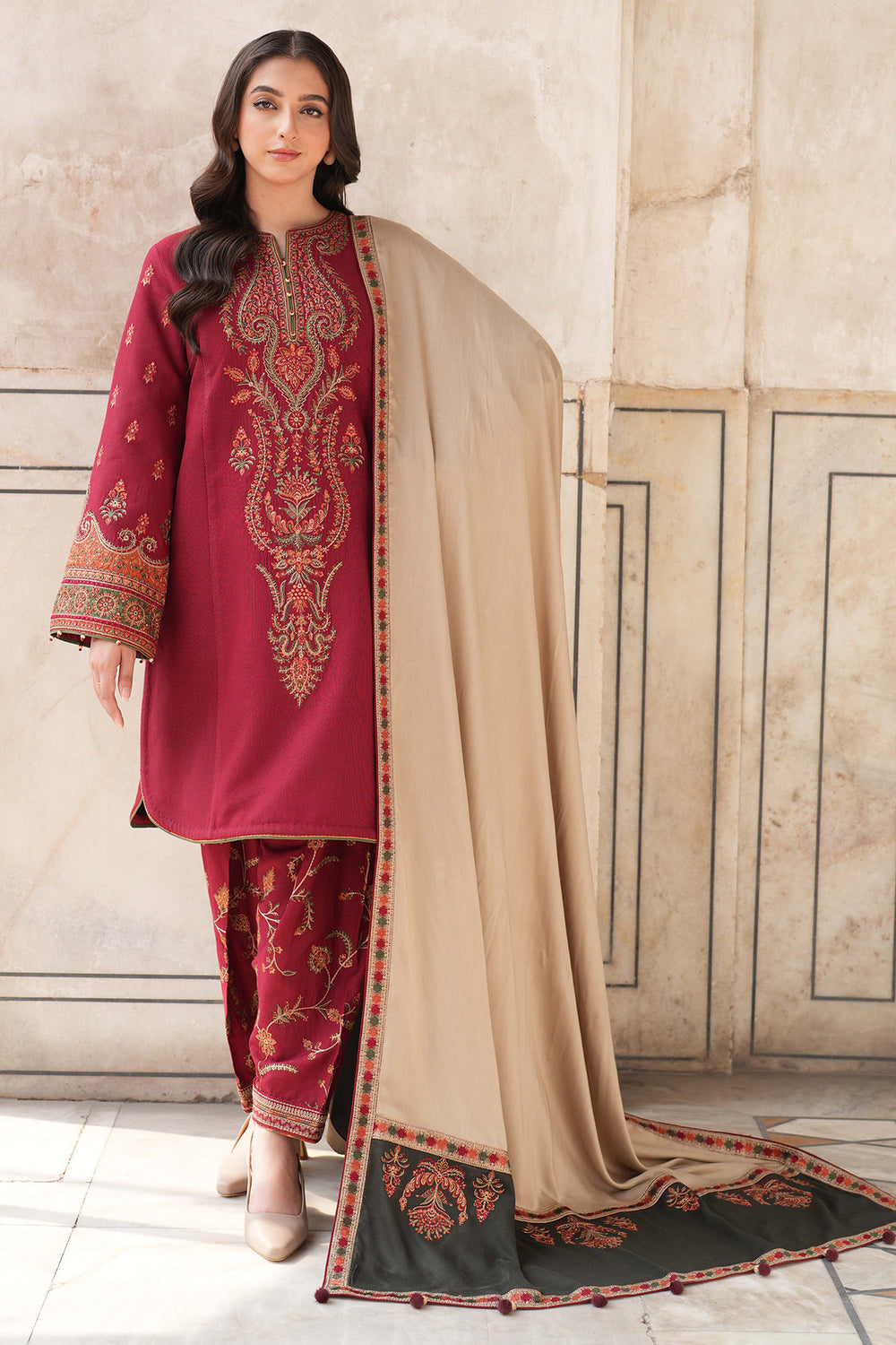 Unstitched 3 Piece Fully Embroidered Dhanak Fabric With Embroidered Dhanak Shawl