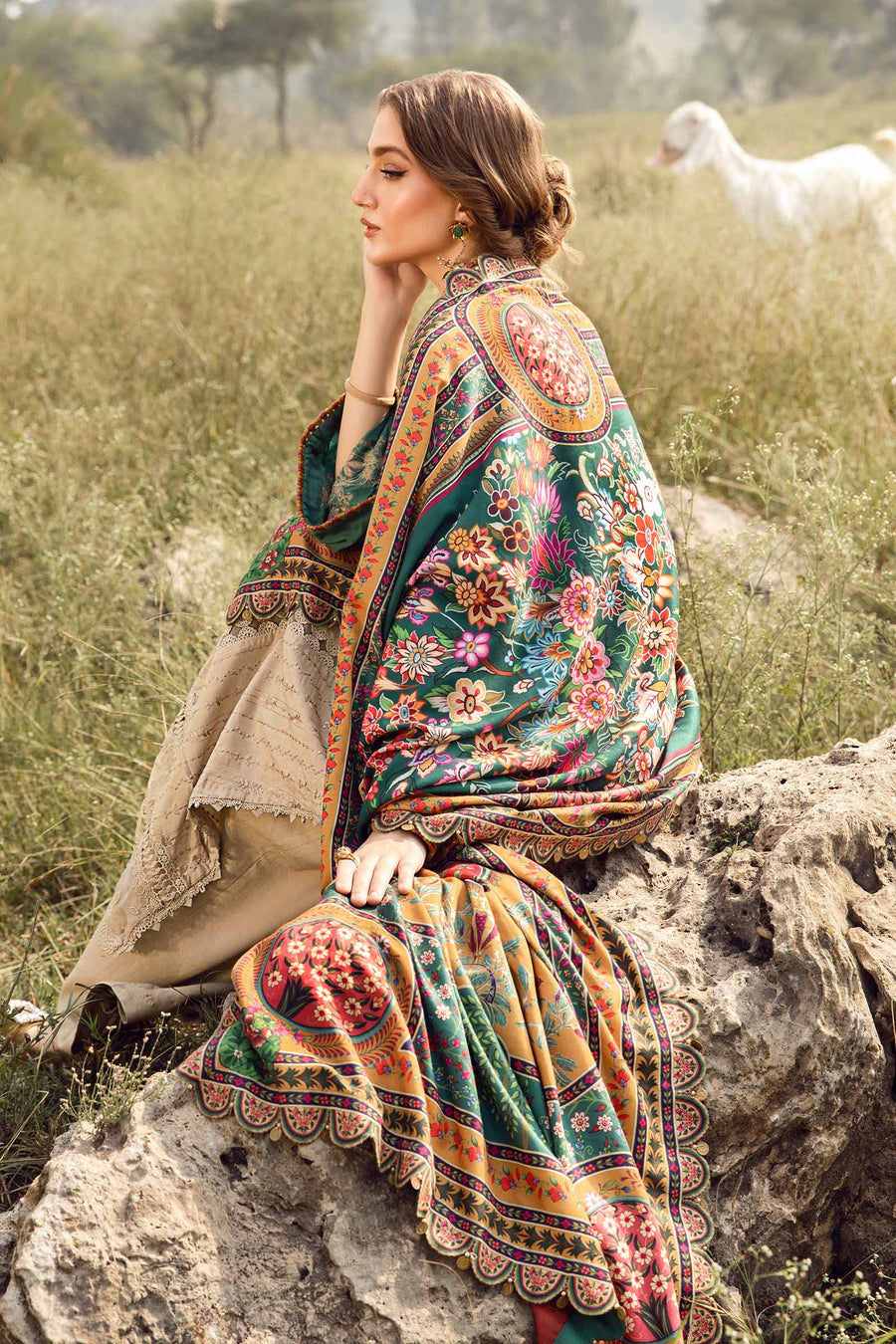 Unstitched 3 Piece Fully Embroidered Lawn Suit With Printed Monar Dupatta
