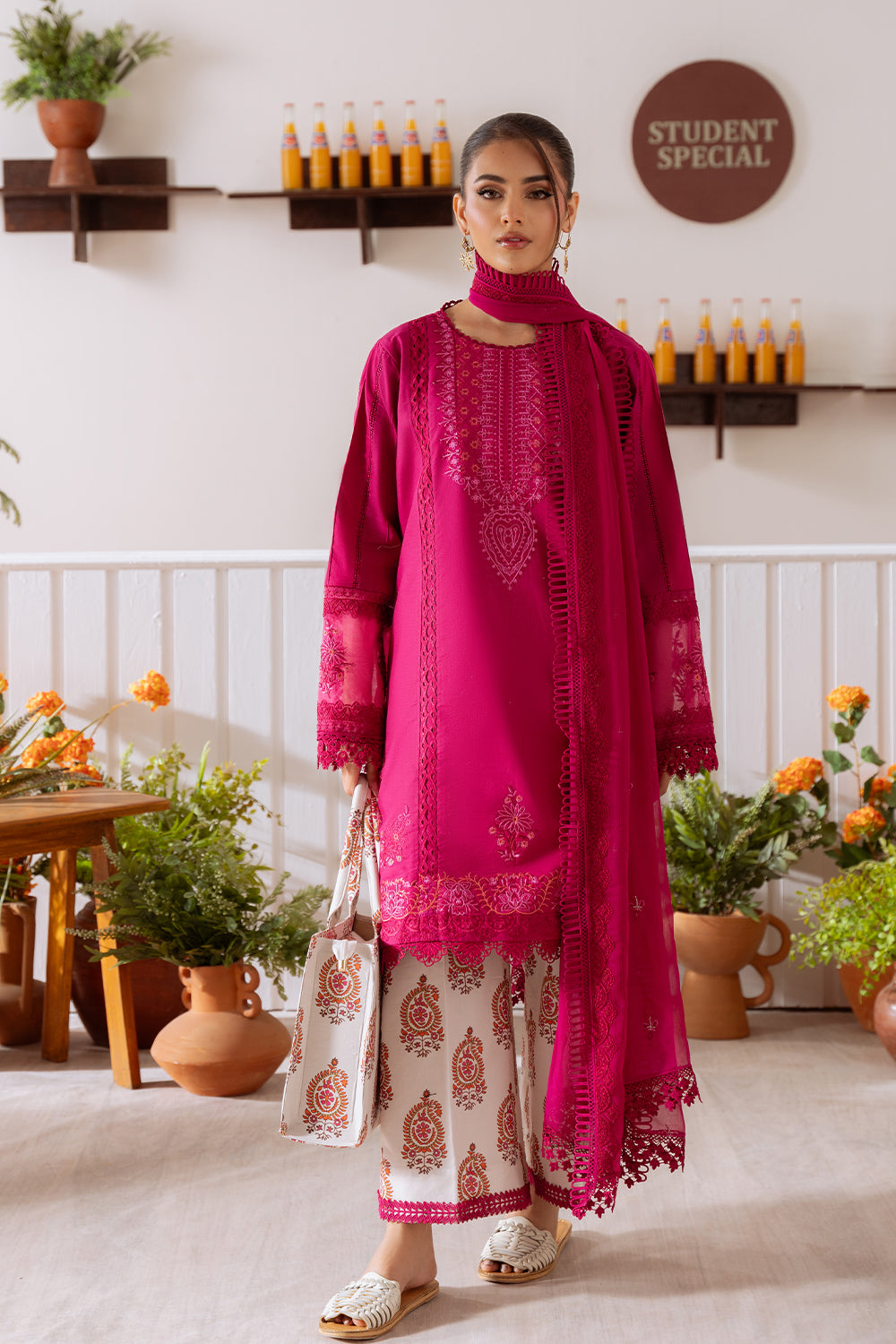 Unstitched 3 Piece Embroidered Lawn Suit With Cotton Net 4 Sided Dupatta