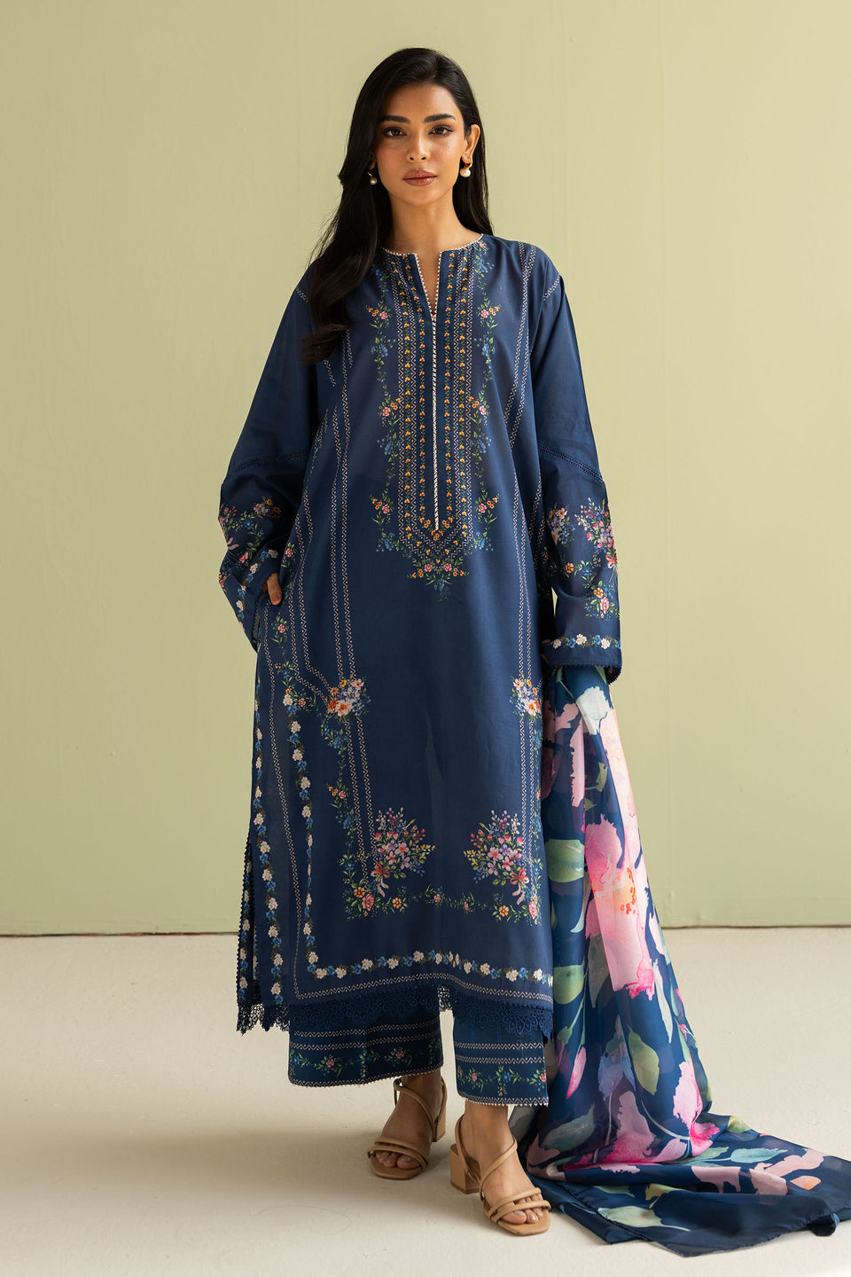 Unstitched 3 Piece Digital Printed Lawn Suit with Printed Silk Dupatta