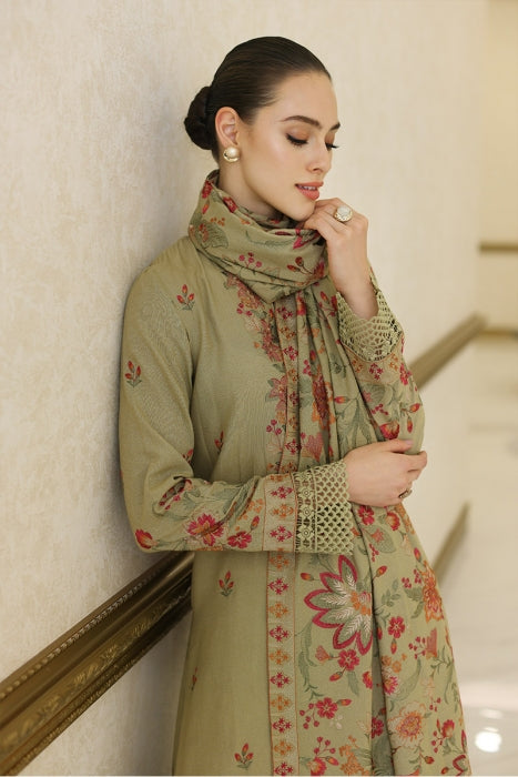 3 Piece Unstitched Heavy Embroidered Dhanak Suit with Heavy Embroidered Dhanak Wool Shawl - Motif