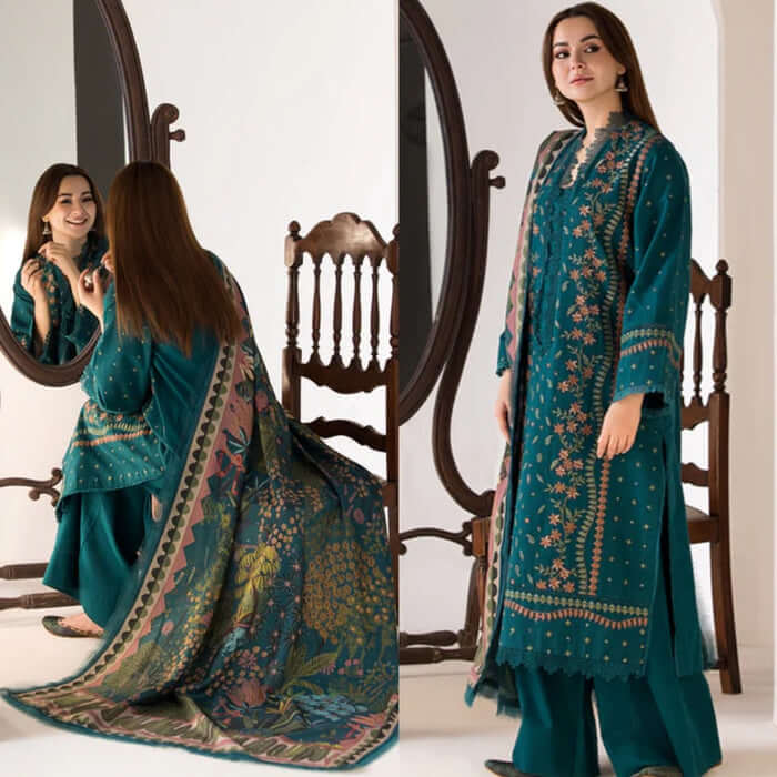 Unstitched Heavy Embroidered Dhanak Suit 3 Piece with Printed Woolen Shawl