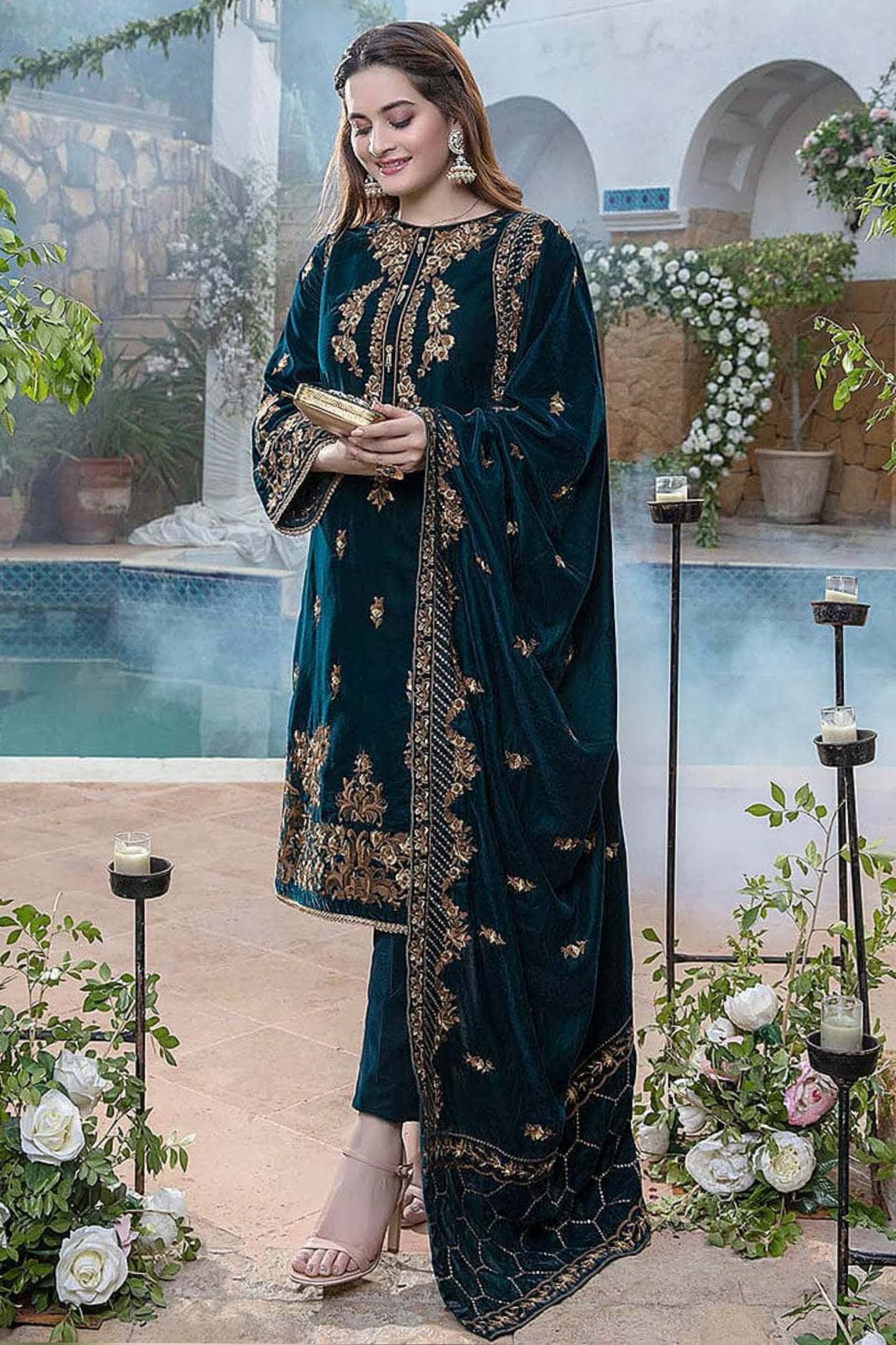 embroidered velvet dress Aliana Round Neck Embroidery The Loulou Dress flickers to life with hand Embroidery Velvet Pakistani Designer Dresses