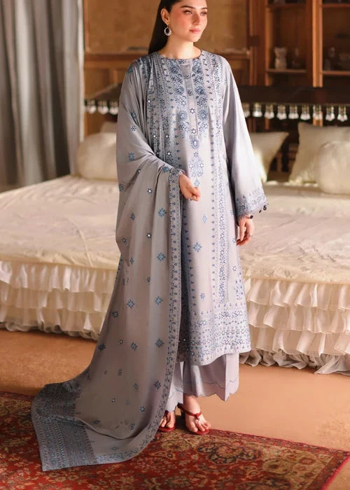 Unstitched 3 Piece Fully Embroidered Dhanak Dress With Embroidered Dhanak Shawl