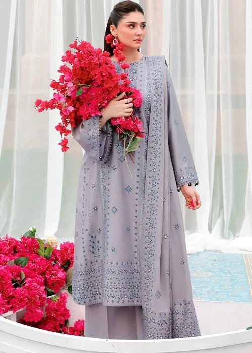 Unstitched 3 Piece Fully Embroidered Dhanak Dress With Embroidered Dhanak Shawl