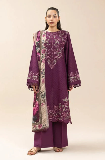 3 Piece Unstitched Fully Embroidered Dhanak Dress With Printed Blended Shawl