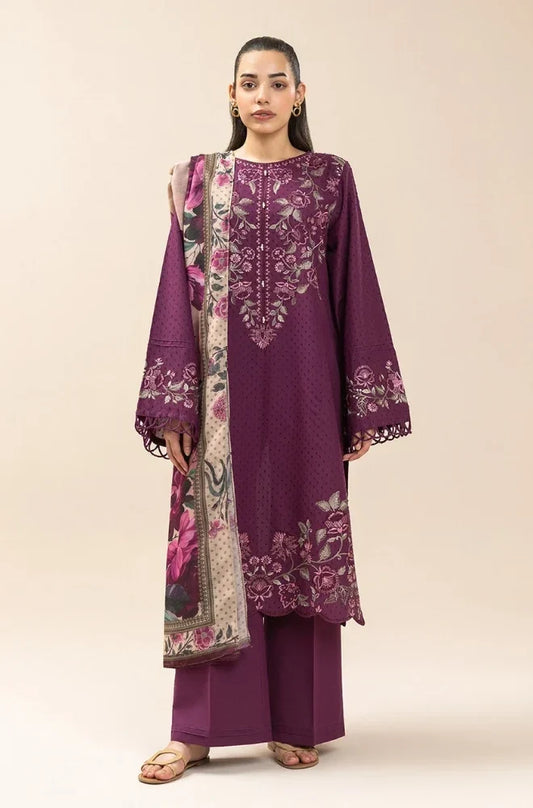 3 Piece Unstitched Fully Embroidered Dhanak Dress With Printed Blended Shawl