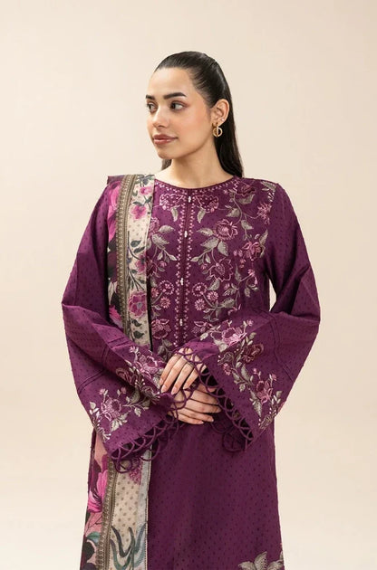 3 Piece Unstitched Fully Embroidered Dhanak Dress With Printed Blended Shawl