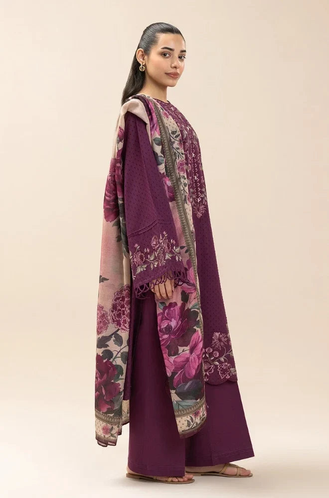 3 Piece Unstitched Fully Embroidered Dhanak Dress With Printed Blended Shawl