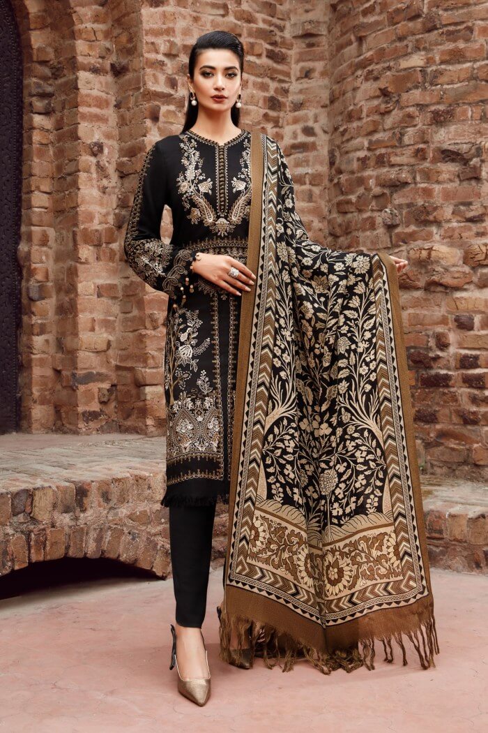 3 Piece Unstitched Heavy Embroidered Dhanak Suit with wool Shawl - Motif