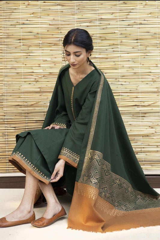 3 Piece Unstitched Embroidered Dhanak Suit ( Dhanak Wool Printed Dupatta ) - Motif