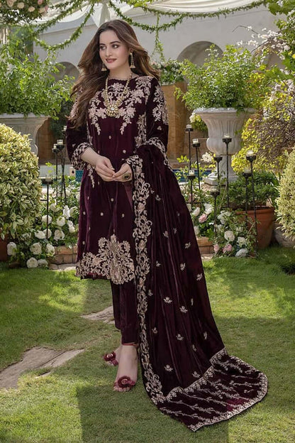 3 Piece Unstitched Heavy Embroidered Velvet Suit ( Heavy Embroidered Velvet Shawl ) -by  Motif