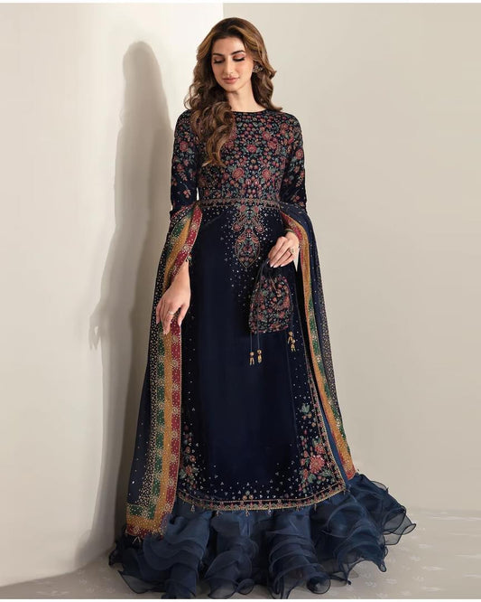3 Piece Unstitched Heavy Embroidered Velvet Suit ( Full Embroidered Chiffon Dupatta )