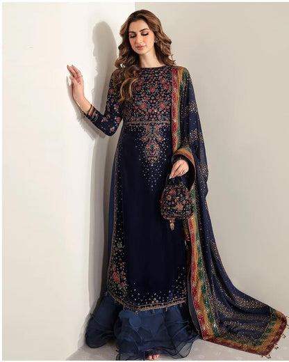 3 Piece Unstitched Heavy Embroidered Velvet Suit ( Full Embroidered Chiffon Dupatta )