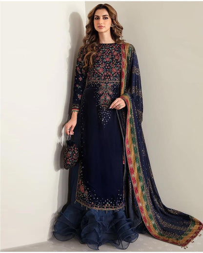 3 Piece Unstitched Heavy Embroidered Velvet Suit ( Full Embroidered Chiffon Dupatta )