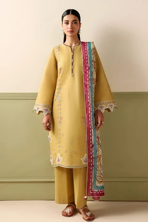 3 Piece Unstitched Fully Embroidered Dhanak Dress With Printed Blended Shawl
